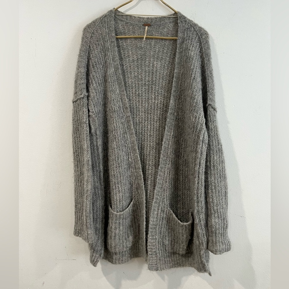 Free People Open Knit Sweater with Pockets, Grey Alpaca Blend, M